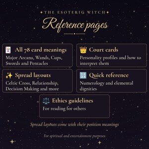 Puede incluir: Una gu&iacute;a de referencia de color morado oscuro titulada The Esoteric Witch Reference pages, que incluye secciones sobre 78 significados de cartas, figuras, tiradas, numerolog&iacute;a y &eacute;tica, sobre un fondo de cielo estrellado.