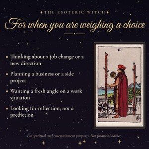May include: A dark background with gold stars features the text THE ESOTERIC WITCH, For when you are weighing a choice, and four bullet points about career decisions. A Two of Wands tarot card shows a person holding a globe on a balcony.