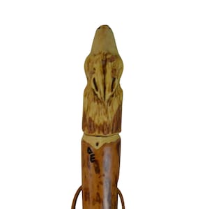 Peut inclure: Une canne de marche en bois avec une tête d'animal sculptée en haut. La canne est brune et possède une sangle en cuir.