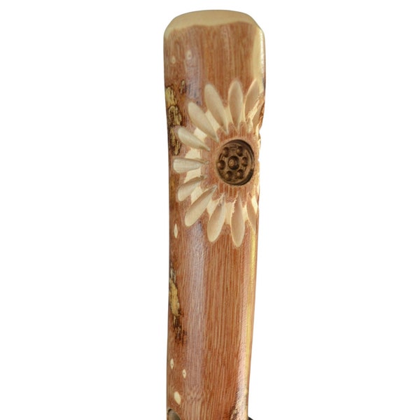 Flower Hardwood Walking Stick, Staff, walkingstick, Kiln Dried, Trecker, Sunflower Carving, Natural Hiking Stick