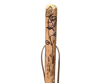 Walking Stick with Rose and Butterfly Image, Carved Hiking Stick, Hand-carved staff up to 60" tall by Creation Carvings