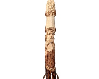 Walking Stick, Face with Morel Mushroom Hat, Mountain Man, Whimsical Handcarved Hiking stick