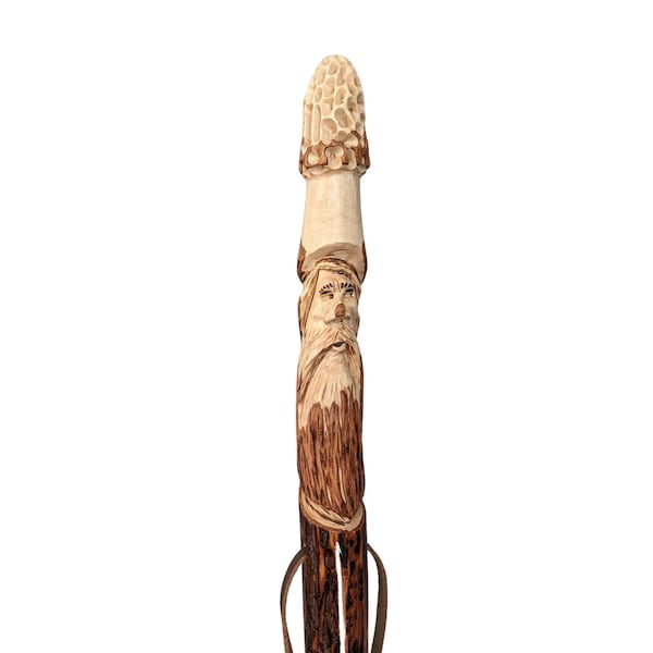 Walking Stick, Face with Morel Mushroom Hat, Mountain Man, Whimsical Handcarved Hiking stick