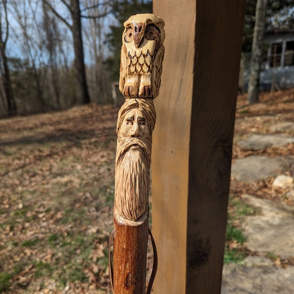 Walking Stick - Owl on Wood Spirit Walking Stick Carving, Owl on Wizard Head, 60" Tall-Oak Wood