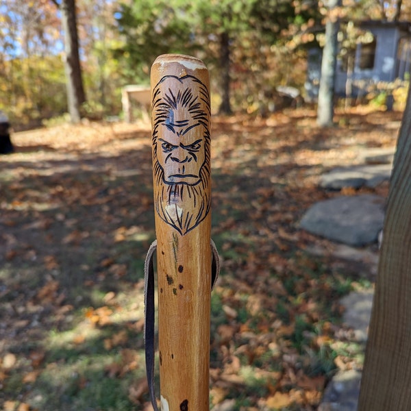 Walking stick with a Sasquatch carved at the top, Big foot Hicking stick, Big foot staff