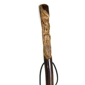 Dark Wood Walking Stick with Wood Spirit Carving + Leather Strap and Rubber Tip + Made in the USA