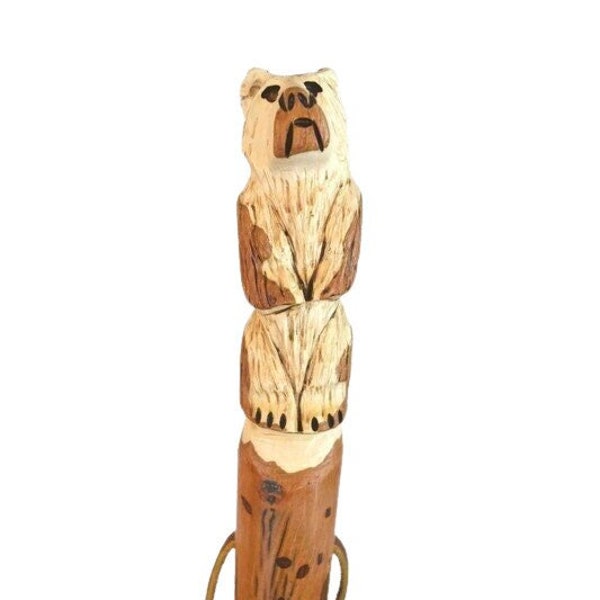 Hand Carved Bear Walking Stick: Hardwood Hiking Staff