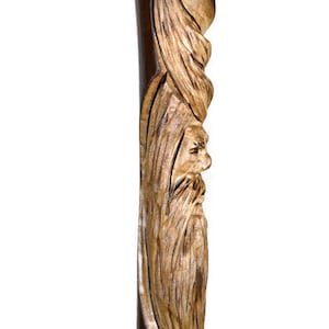 Handcrafted Dark Wood Spirit Walking Stick with Leather Strap, Rubber Tip - USA Made Hiking Staff