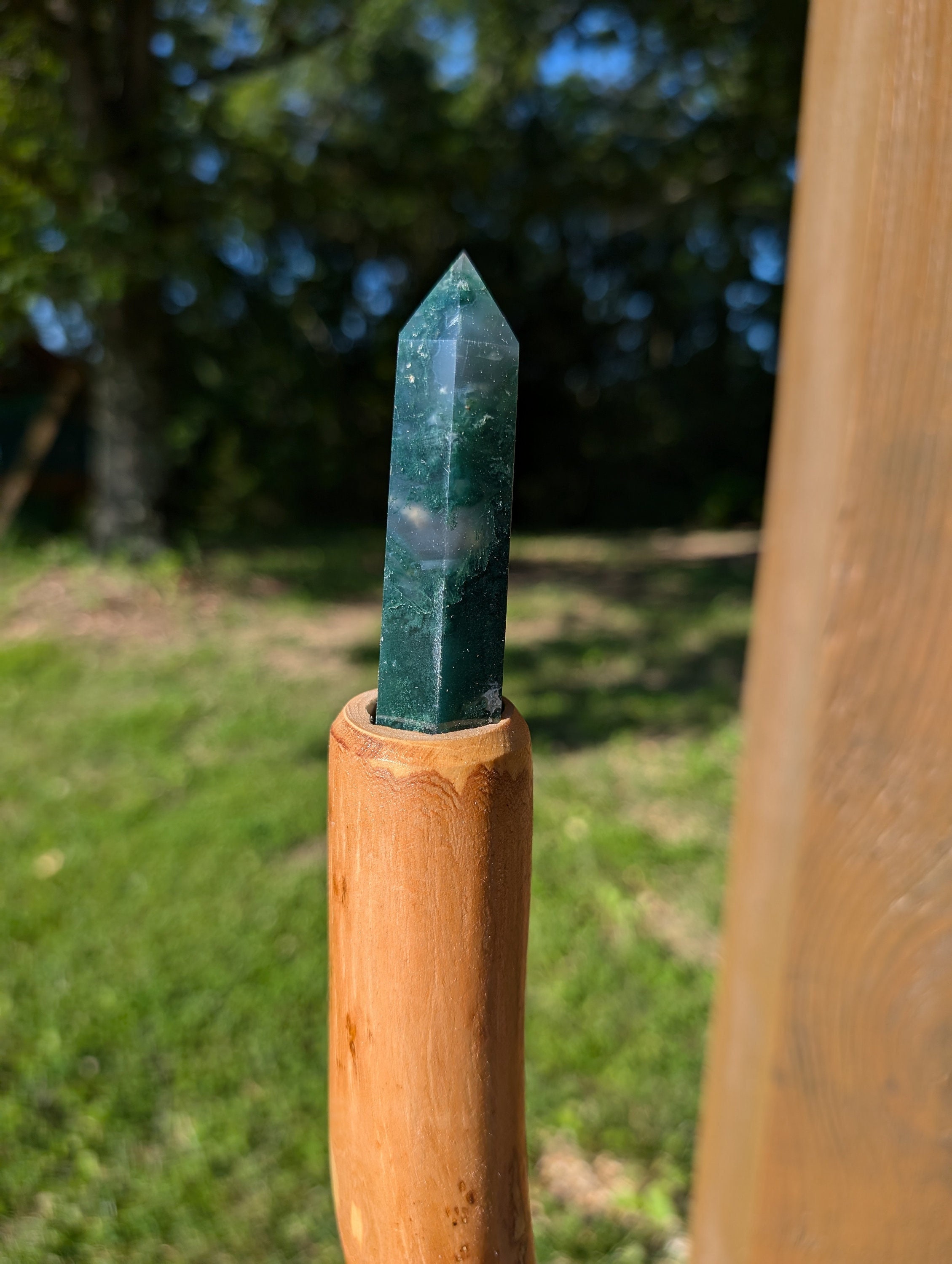 Elm Walking Stick with Green Tower Stone - 64" Tall