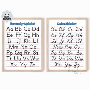 May include: Two framed educational prints. The left print displays the manuscript alphabet, and the right print shows the cursive alphabet. Both prints have a light wood frame and feature black letters on a white background with red and blue lines.