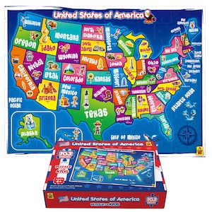 May include: A colorful United States of America puzzle for kids, featuring a map with state outlines and illustrations. The puzzle includes 103 pieces and is designed for ages 4+. The box and the puzzle itself are visible.