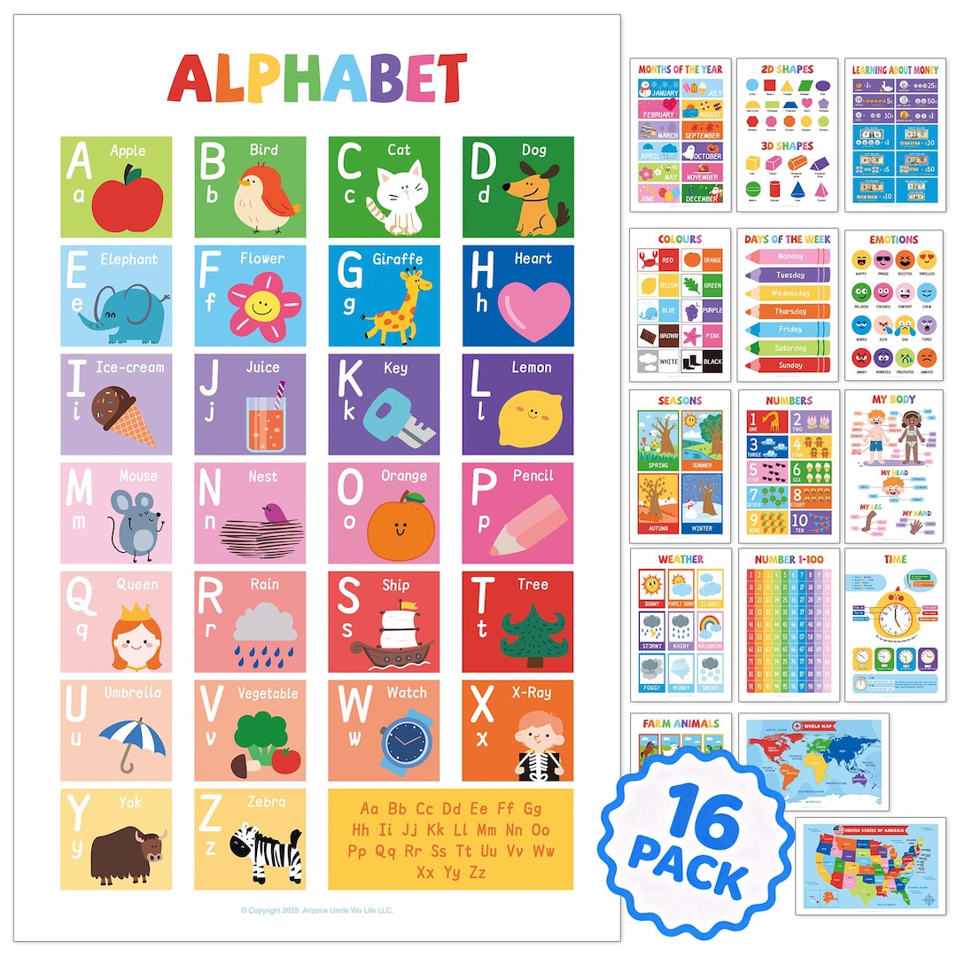 16 Laminated Educational Posters for Toddlers ,kids - Includes Alphabet ...