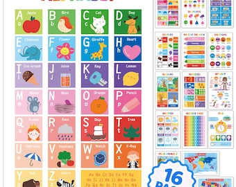 16 Laminated Educational Posters for Toddlers ,Kids -  Includes Alphabet ABC, Numbers 1-100, World & USA Map  17x11", Ships Flat
