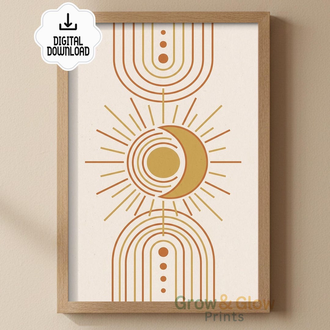 Abstract Sun Moon Line Art Print, Minimalist Geometric Wall Decor ...