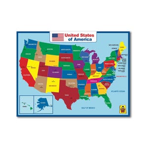 May include: A colorful map of the United States of America, with each state outlined and labeled. The map includes the flag and the words "United States of America" at the top. The states are in various colors, with the Atlantic Ocean and Gulf of Mexico labeled.