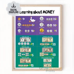 May include: A framed educational poster titled "Learning about MONEY." The poster displays U.S. currency, including coins and bills, with their values and equivalent combinations. The design features purple and green sections with illustrations of coins and bills.