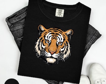 T-shirt imprimé tigre effet vieilli, style rétro vintage, unisexe