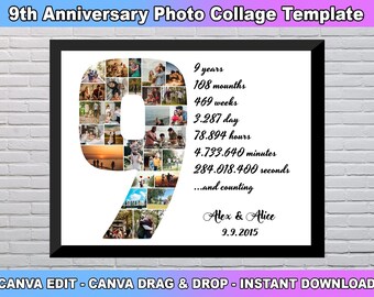 9th Anniversary Photo Collage Template, Number 9 Collage, 9th Collage, 9th Birthday, Number Collage, Custom Gift for her, Canva Template