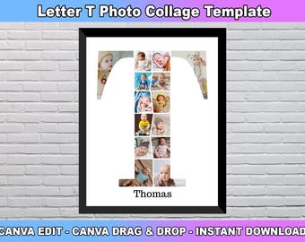Letter T Photo Collage Template, Letter T Custom Name, Initial Photo Collage, Nursery room decor, Custom Gift for her,  Baby Canva Template