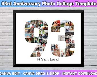 Modèle de collage photo 93e anniversaire, collage numéro 93, 93e collage, 93e anniversaire, collage de numéros, modèle de toile, cadeau personnalisé pour elle