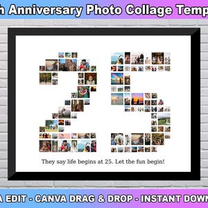 Plantilla de collage de fotos para el 25.° cumpleaños, collage del número 25, collage del 25.° cumpleaños, collage de números, regalo personalizado para ella, plantilla de Canva