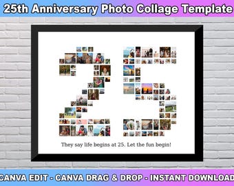 Plantilla de collage de fotos para el 25.° cumpleaños, collage del número 25, collage del 25.° cumpleaños, collage de números, regalo personalizado para ella, plantilla de Canva