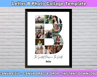 Letter B Photo Collage Template, Letter B Custom Name, Initial Photo Collage, Nursery room decor, Custom Gift for her, Canva Template
