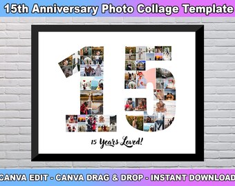 15歳の誕生日の写真コラージュテンプレート、数字15のコラージュ、15歳のコラージュ、15歳の誕生日、数字コラージュ、彼女へのカスタムギフト、Canvaテンプレート