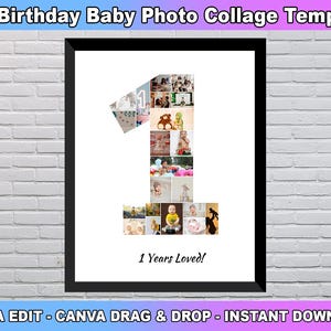 1st Birthday Photo Collage Template, Number 1 Collage, 1st Collage, 1st Birthday, Number Collage, Custom Gift for her, Canva Template