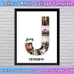 Plantilla de collage de fotos con la letra J, nombre personalizado con la letra J, collage de fotos con la inicial, decoración de la habitación de los niños, regalo personalizado para ella, plantilla de Canva
