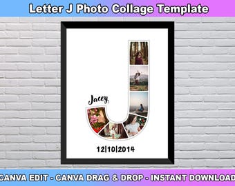 Plantilla de collage de fotos con la letra J, nombre personalizado con la letra J, collage de fotos con la inicial, decoración de la habitación de los niños, regalo personalizado para ella, plantilla de Canva