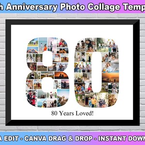 80th Birthday Photo Collage Template, Number 80 Collage, 80th Collage, 80th Birthday, Number Collage, Canva Template, Custom Gift for her