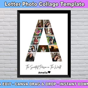 Plantilla de collage de fotos con la letra A, nombre personalizado con la letra A, collage de fotos con la inicial, decoración de la habitación de los niños, regalo personalizado para ella, plantilla de Canva