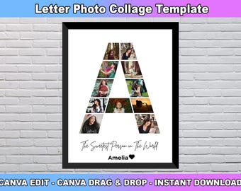 Letter A Photo Collage Template, Letter A Custom Name, Initial Photo Collage, Nursery room decor, Custom Gift for her, Canva Template
