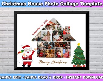Custom Christmas House Photo Collage Template, Christmas Tree Wall Art, Personalized Christmas Santa Claus Poster, Happy New Year, Christmas