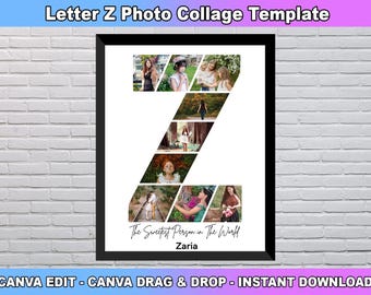 Letter Z Photo Collage Template, Letter Z Custom Name, Initial Photo Collage, Nursery room decor, Custom Gift for her,  Baby Canva Template