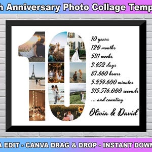 10th Anniversary Photo Collage Template, Number 10 Collage, 10th Collage, 10th Birthday, Number Collage, Custom Gift for her, Canva Template