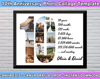 Sjabloon fotocollage 10e verjaardag, nummer 10 collage, 10e collage, 10e verjaardag, nummercollage, aangepast cadeau voor haar, canvassjabloon