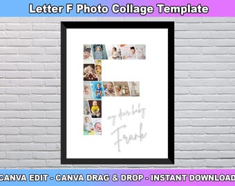 Letter F Photo Collage Template, Letter F Custom Name, Initial Photo Collage, Nursery room decor, Custom Gift for her, Canva Template