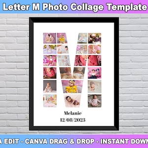 May include: A printable photo collage template featuring the letter M, with 20 photo spaces. The template is designed for a baby's first birthday, with the name "Melanie" and the date "12/08/2023" printed at the bottom.