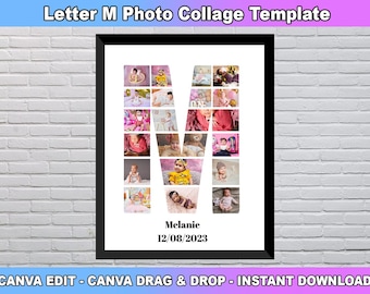 Plantilla de collage de fotos con la letra M, nombre personalizado con la letra M, collage de fotos con la inicial, decoración de la habitación de los niños, regalo personalizado para ella, plantilla de Canva
