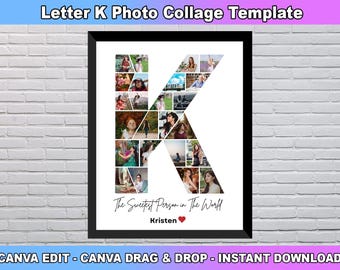 Letter K Photo Collage Template, Letter K Custom Name, Initial Photo Collage, Nursery room decor, Custom Gift for her, Canva Template