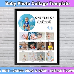Plantilla de collage de fotos del primer cumpleaños de un bebé, póster de regalo, hito del primer año, foto de los 12 meses, collage de números, collage de fotos de bebé