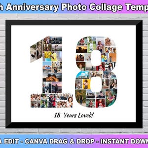 18th Birthday Photo Collage Template, Number 18 Collage, 18th Collage, 18th Birthday, Number Collage, Custom Gift for her, Canva Template