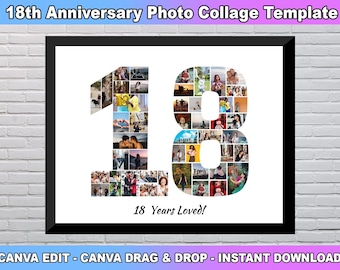Plantilla de collage de fotos para el 18.º cumpleaños, collage del número 18, collage para el 18.º cumpleaños, collage de números, regalo personalizado para ella, plantilla de Canva