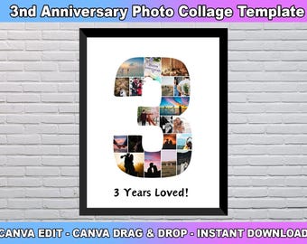 Sjabloon fotocollage 3e verjaardag, nummer 3 collage, 3e collage, 3e verjaardag, nummercollage, aangepast cadeau voor haar, canvasjabloon