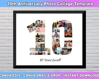 Sjabloon fotocollage 10e verjaardag, collage nummer 10, collage 10, 10e verjaardag, collage nummer, aangepast cadeau voor haar, canvassjabloon