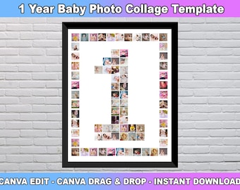 1 Year Baby Photo Collage, Gift for Baby, One Year Birthday Gift, Baby First Year Sign, 1 Year Milestone Photo Collage Template, Number 1st