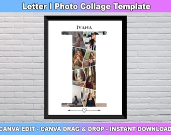 Letter I Photo Collage Template, Letter I Custom Name, Initial Photo Collage, Nursery room decor, Custom Gift for her, Canva Template