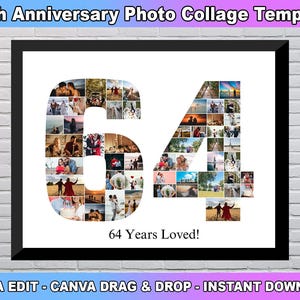 Puede incluir: Una plantilla de collage de fotos con los números 64, formados por fotos más pequeñas. Los números son blancos con un contorno negro. El texto "64 Years Loved!" está debajo de los números. La plantilla está diseñada para usar con Canva.